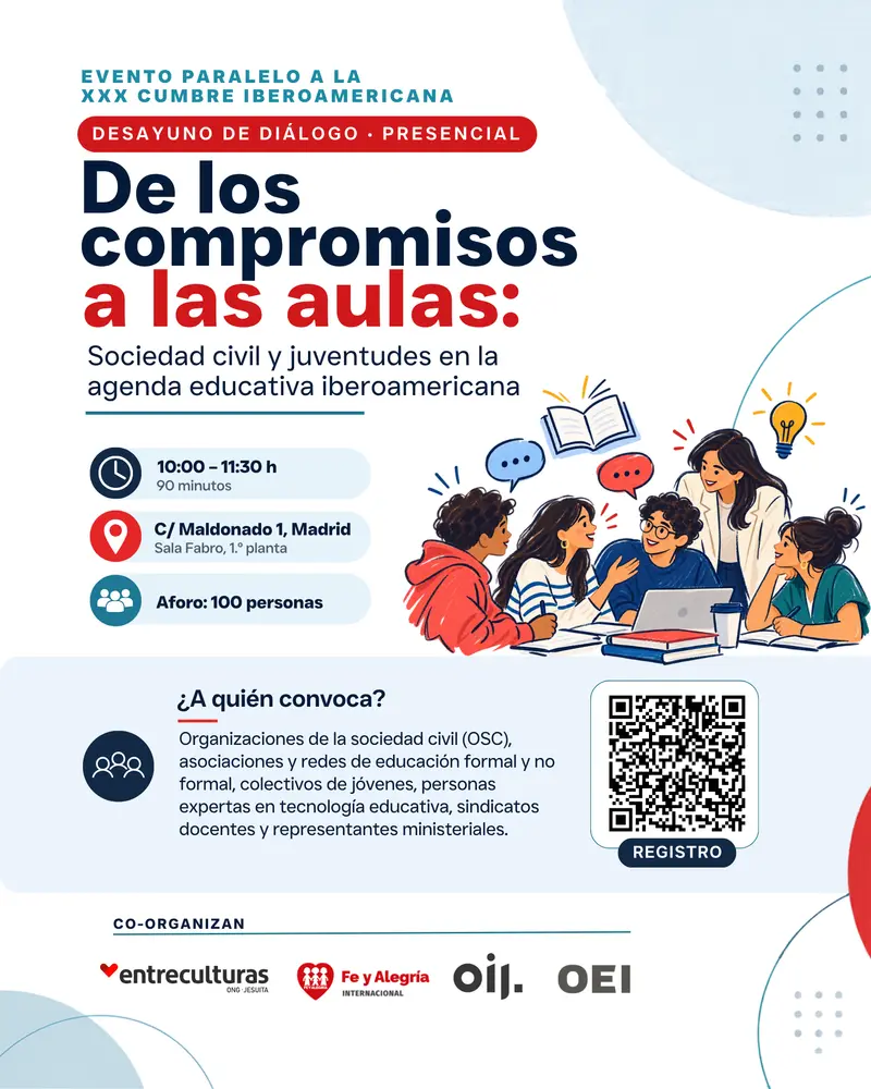 Cartel del desayuno de diálogo De los compromisos a las aulas, con fecha, horario y lugar del encuentro en Madrid y logotipos de las entidades organizadoras